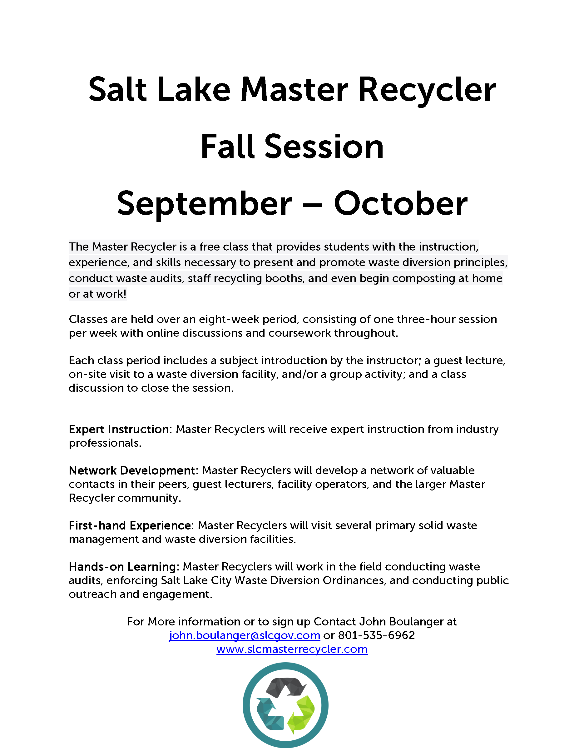 Salt Lake Master Recycler Fall Flyer