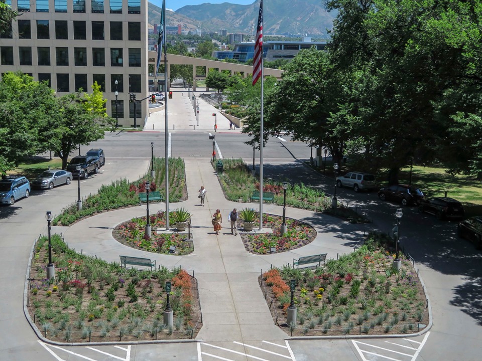 Aerial view of the Washington Square Water Wise garden.