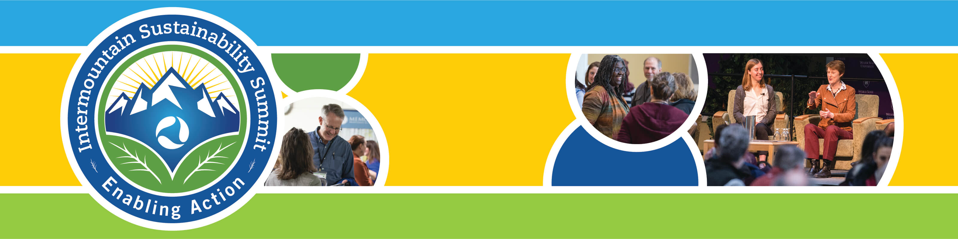 Intermountain Sustainability Summit logo with slogan "Enabling Action" on blue, yellow, and green banner. Banner also features photos of attendees from past summits.