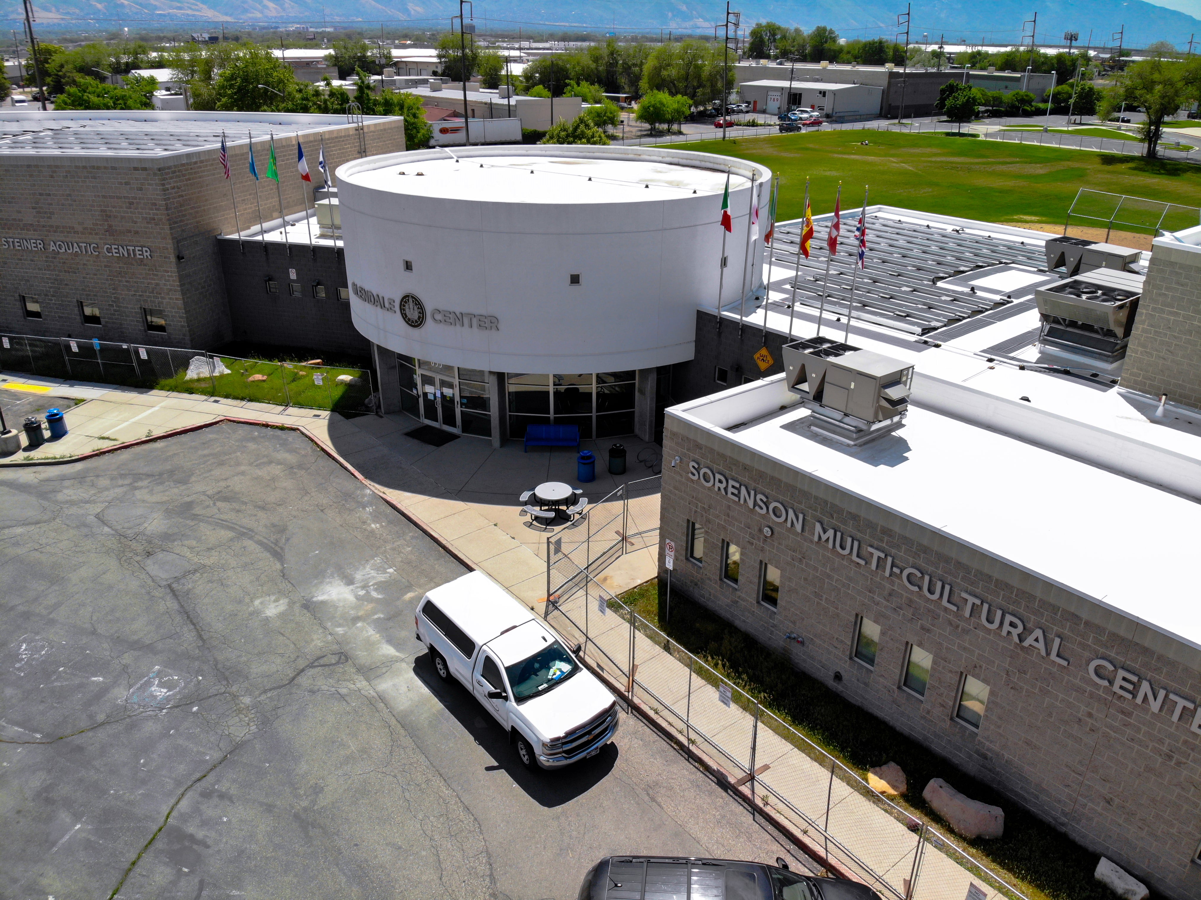 Aerial photo of Sorenson Community Center featuring new solar panels.