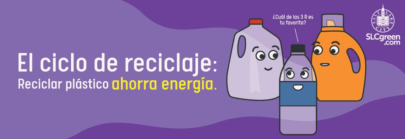Truck wrap design shows three cartoon plastic bottles and cartons with large eyes and smiles on a plum and lavender backdrop. The text reads "El ciclo de reciclaje: Reciclar plastico ahorra energia." The plastic bottle is saying "?Cuoi de las 3 R es tu favorita?" The SLCgreen.com logo is in the upper right corner.