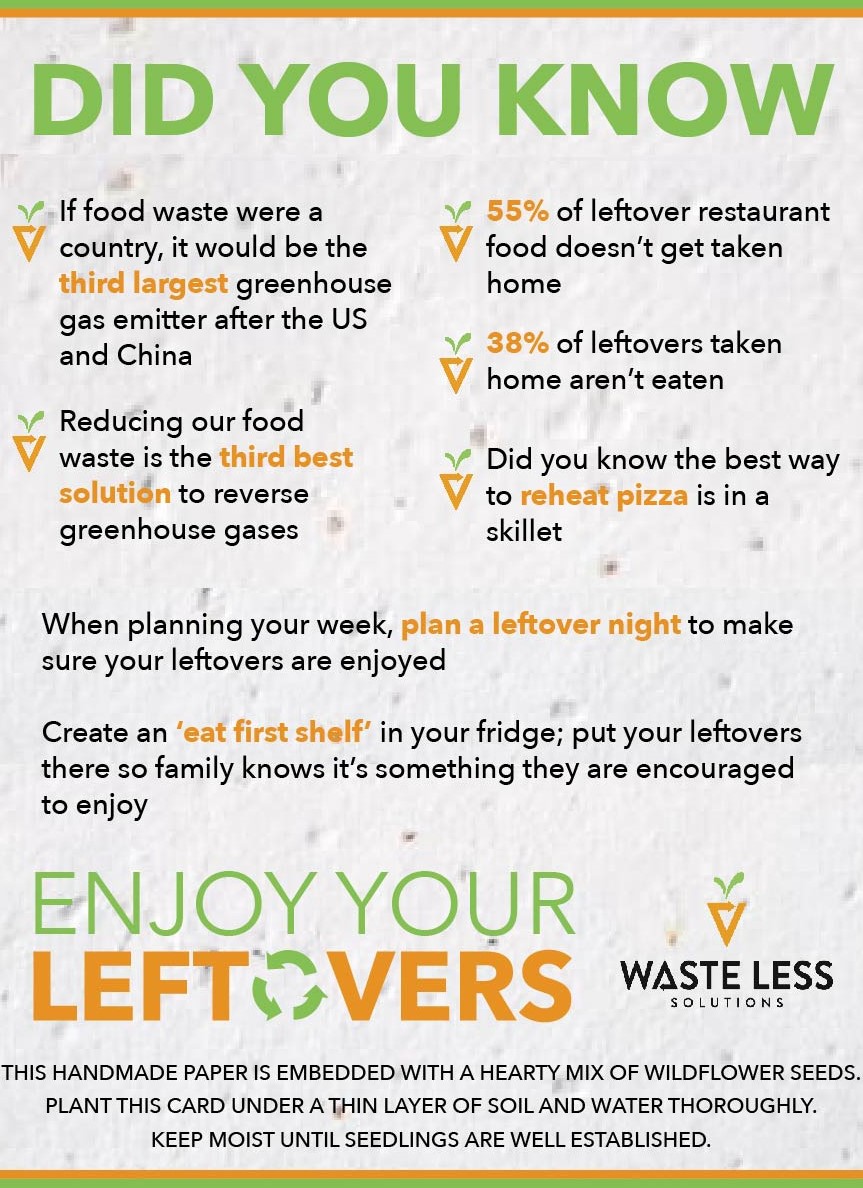 Scan of a fact sheet on recycled seed paper. Text is in green and orange and black. At the top is a green and orange stripe. Green text reads "DID YOU KNOW" followed by two columns of facts. "If food waste were a country, it would be the third largest greenhouse gas emitter after the US and China"
"Reducing our food waste is the third best solution to reverse greenhouse hases"
"55% of leftover restaurant food doesn't get taken home"
"38% of leftovers taken home aren't eaten"
"Did you know the best way to reheat pizza is in a skillet"
Below the columns reads "when planning your week, plan a leftover night to make sure your leftovers are enjoyed. Create an 'eat first shelf' in your fridge; put your leftovers there so family knows it's something they are encouraged to enjoy."

At the bottom in larger font reads Enjoy Your Leftovers and a orange carrot Waste Less Solutions logo. The bottom of the page reads "This handmade paper is embedded with a hearty mix of wildflower seeds. Plant this card under a thin layer of soil and water thoroughly."
