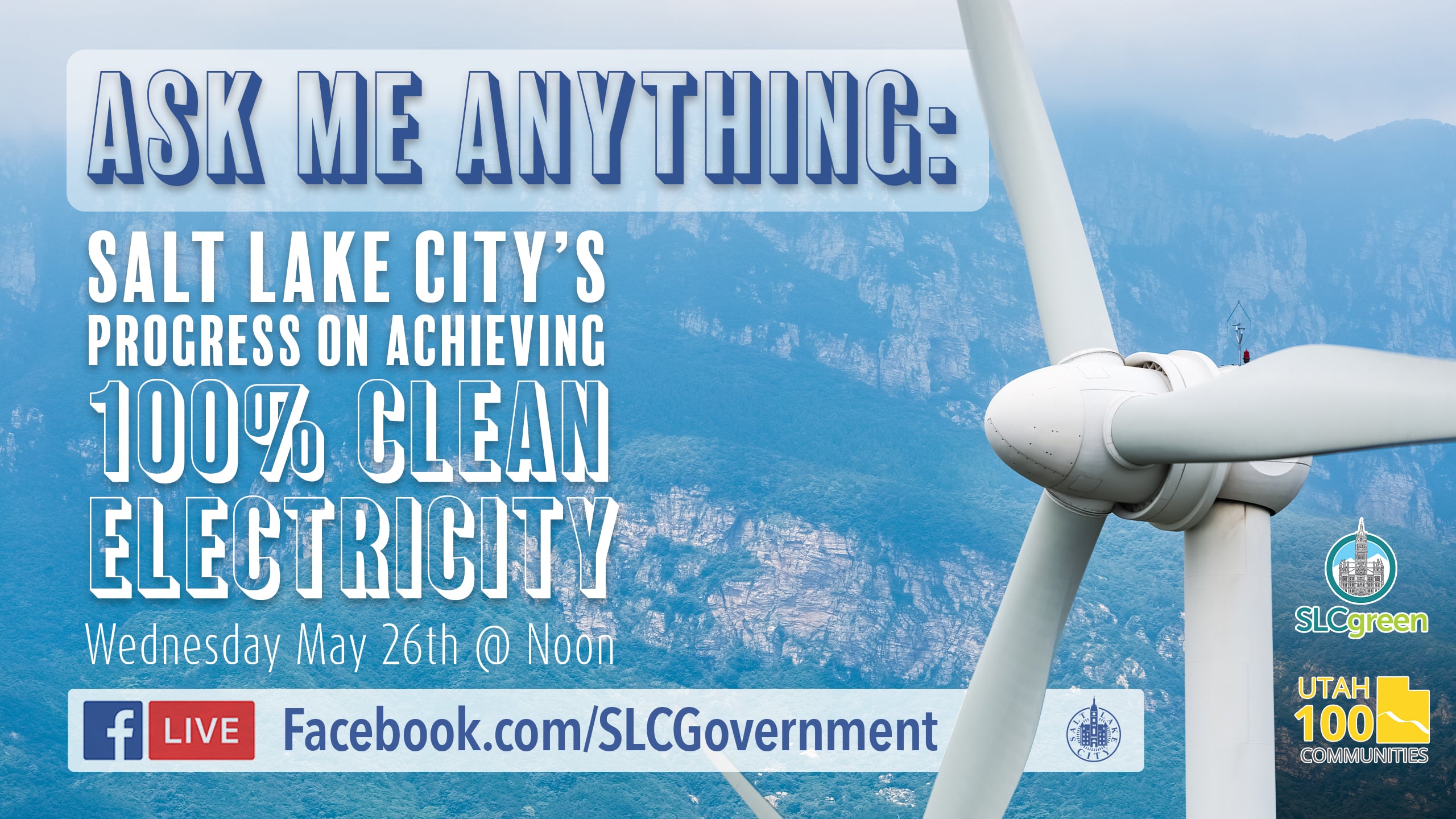 Graphic promoting upcoming Ask Me Anything Event. Shows mountains with large wind turbine.