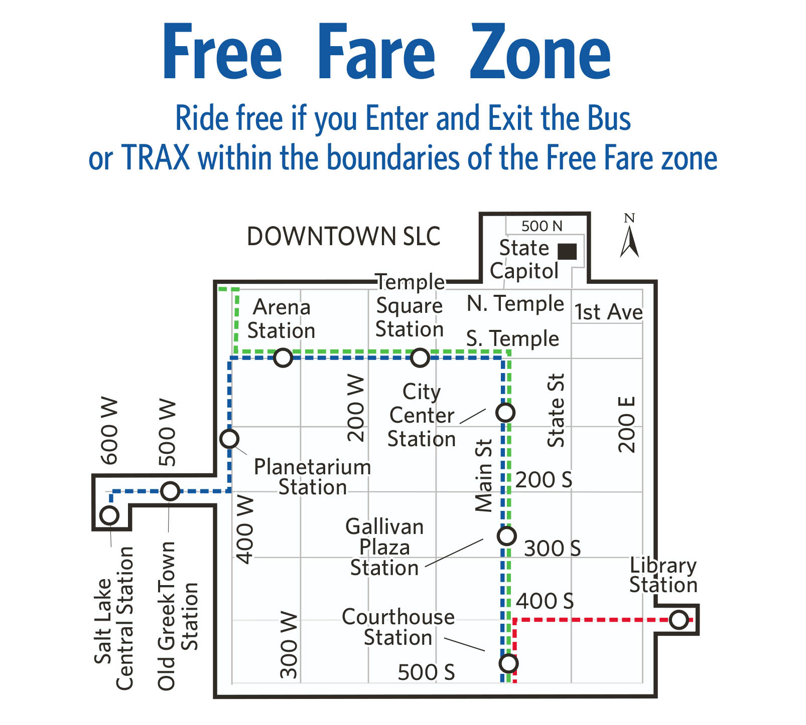 Simple map showing the UTA free fare zone boundaries in downtown Salt Lake City.