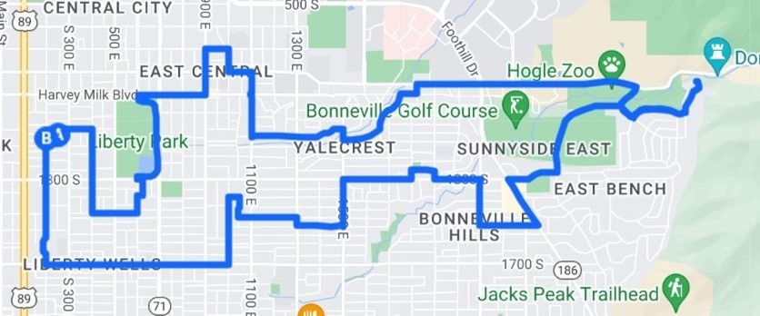 A Google Maps screenshot of a heat mapping route. Approximately, the route loop begins a few blocks west of Liberty Park, to east of the Hogle Zoo, then southwest back to the starting point near Liberty Park.
