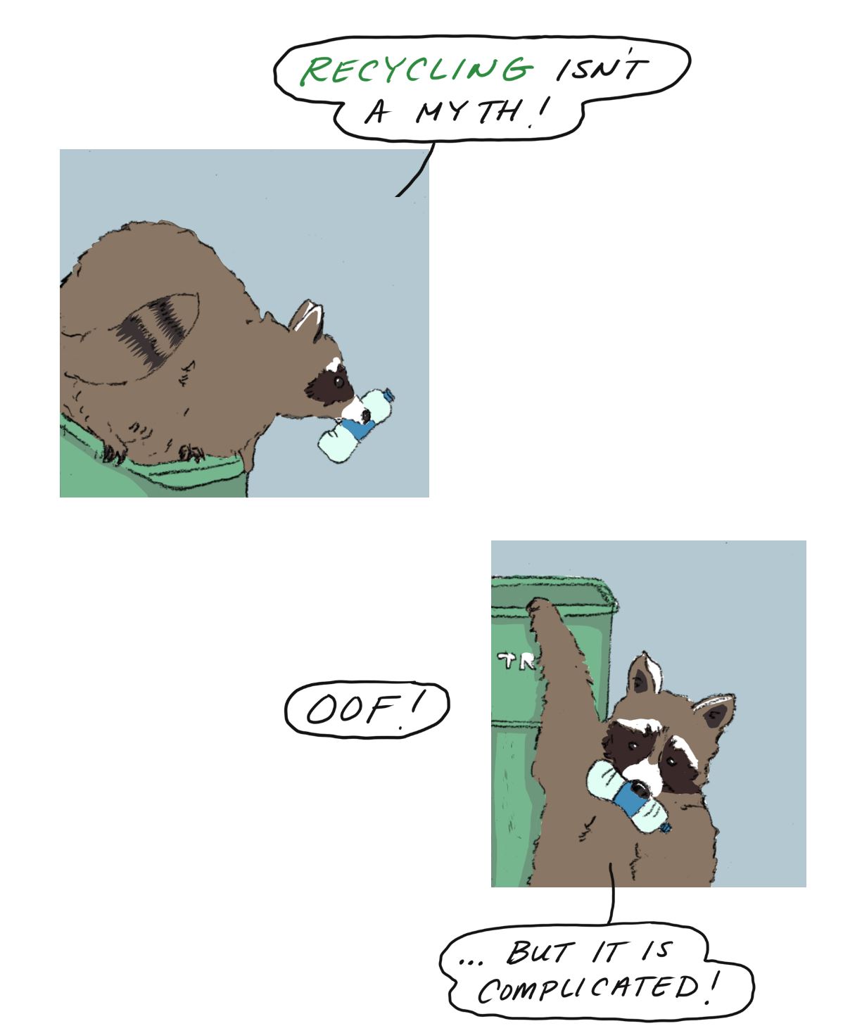 Image shows a cartoon racoon saying "Recycling isn't a myth! But it is complicated!"