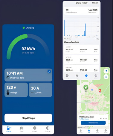 Screenshots of a mobile app displaying EV charging information, including current charge, voltage, amperage, charging history graph, and a map interface.